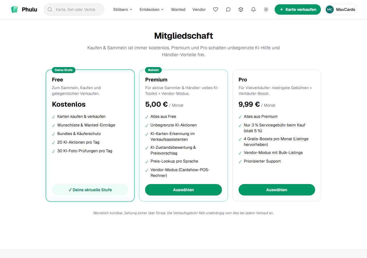 Mitgliedschaft (Free / Premium / Pro)