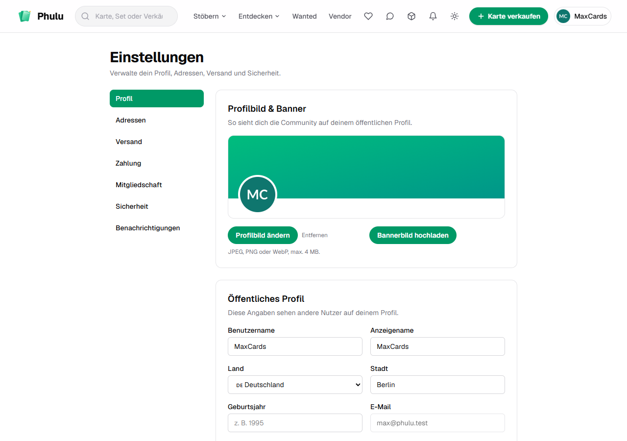 Einstellungen: Profil, Adressen, Versand, Sicherheit, Zahlung